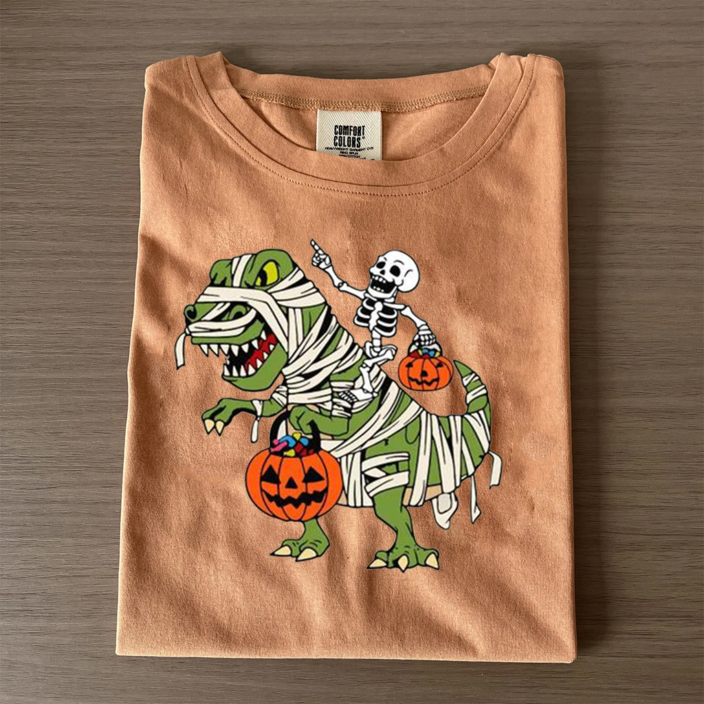 Skeleton Riding Mummy Dinosaur T rex Halloween T-shirt