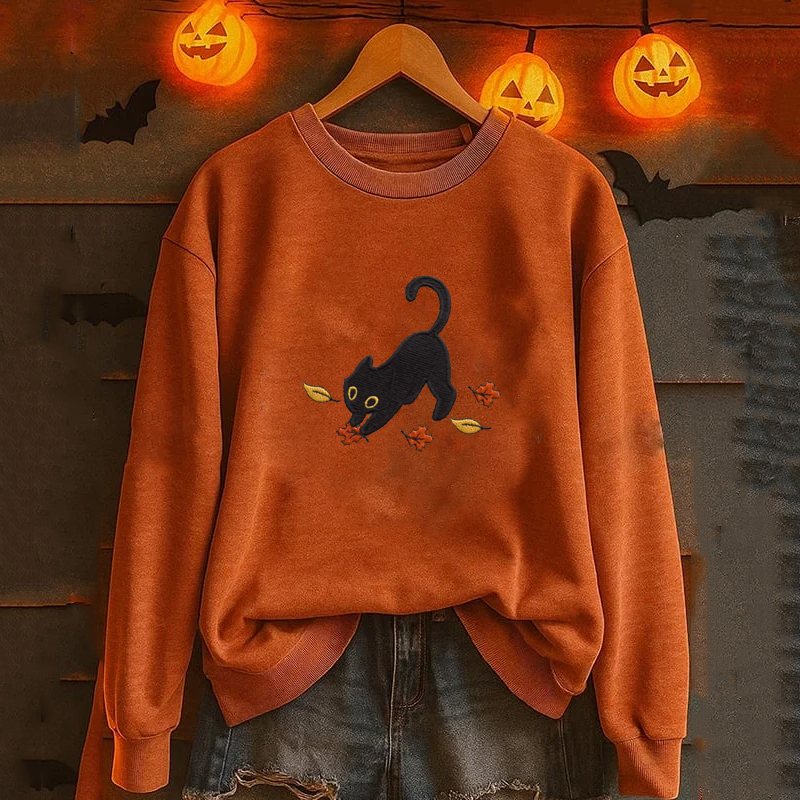 Cat Pouncing Leaves Embroidered Sweatshirt-Magmoo