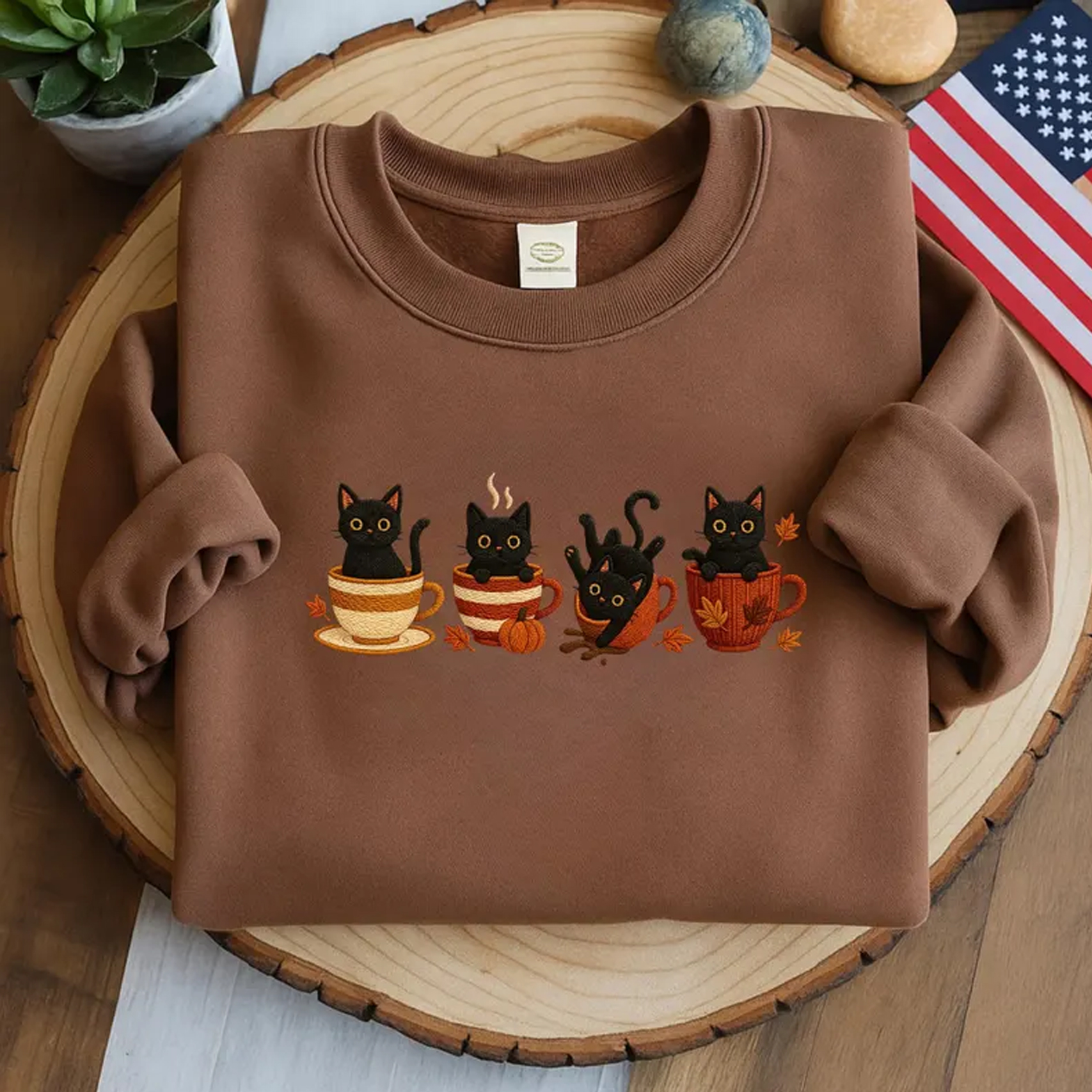 Embroidered Halloween Black Cat Sweatshirt-Magmoo