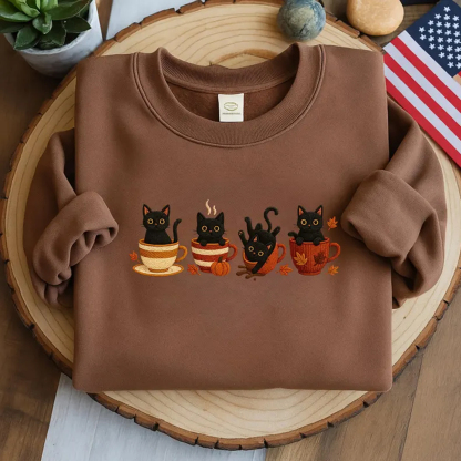 Embroidered Halloween Black Cat Sweatshirt-Magmoo