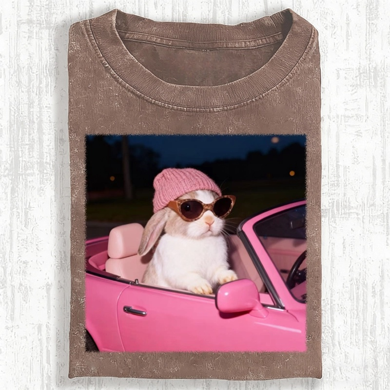 Fashion Bunny Cruising In Pink Car Retro Washed T-Shirt