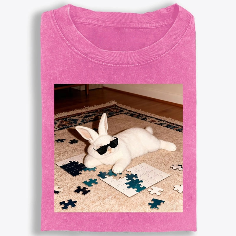 Rabbit Doing Puzzle Procrastinating Retro Washed T-Shirt