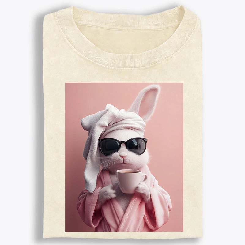 Bunny in Bathrobe Morning Coffee Retro Washed T-Shirt