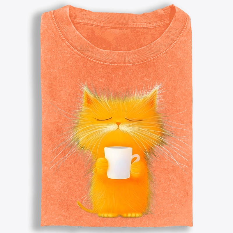 Fluffy Orange Cat with Coffee Retro Washed T-Shirt