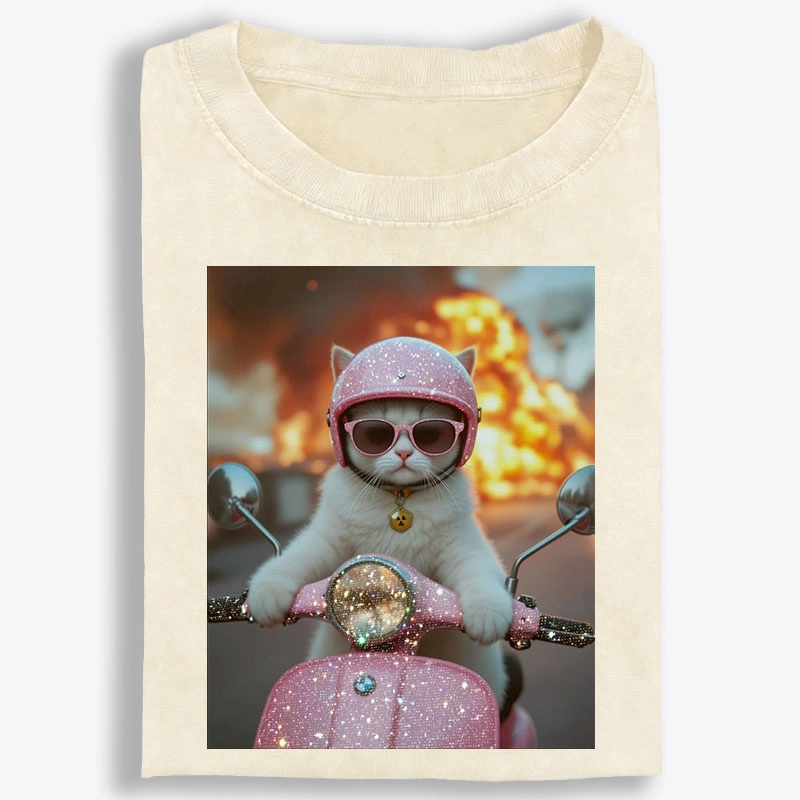 Pink Scooter Cat & Explosion Meme Retro Washed T-Shirt