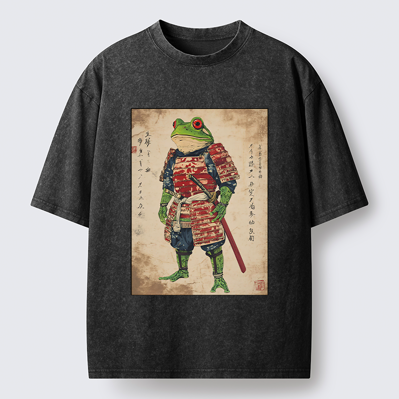 Magmoo Retro Frog Samurai Portrait Washed T-Shirt