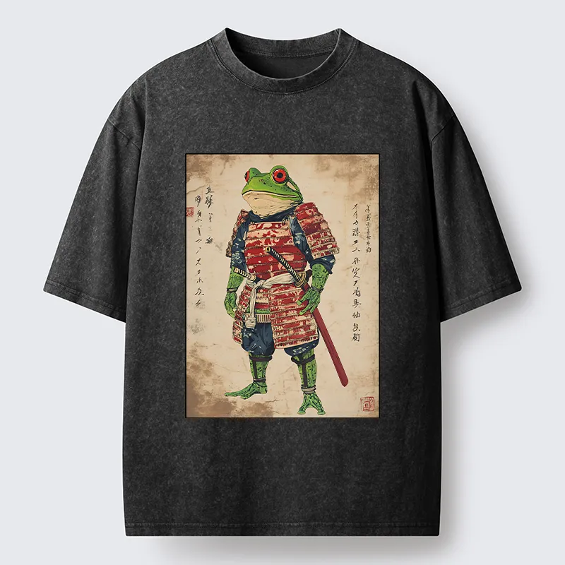 Magmoo Retro Frog Samurai Portrait Washed T-Shirt