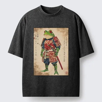 Magmoo Retro Frog Samurai Portrait Washed T-Shirt