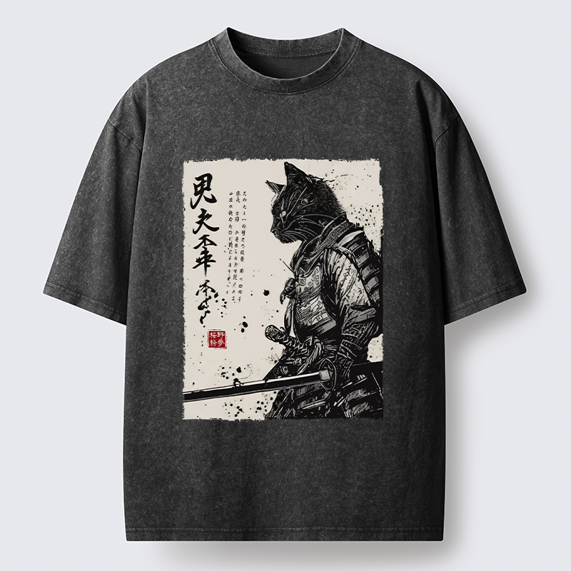 Magmoo Japanese Samurai Cat Funny Washed T-Shirt