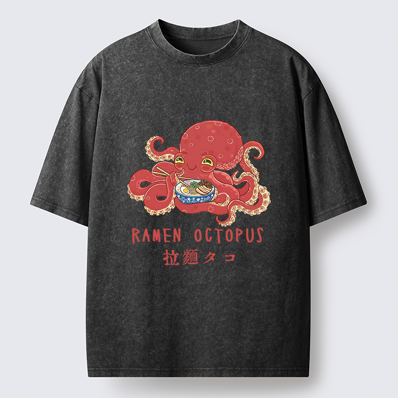 Magmoo Cute Octopus Eating Ramen Washed T-Shirt