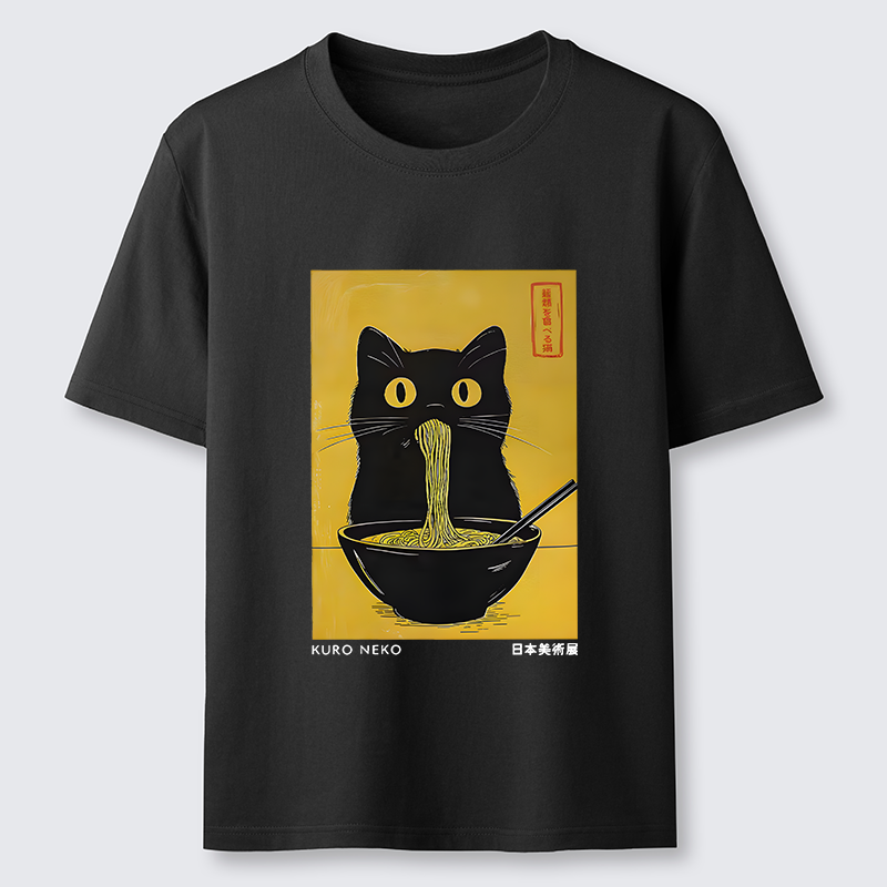 Magmoo Black Cat Eats Ramen In Big Bites Classic T-Shirt-Magmoo