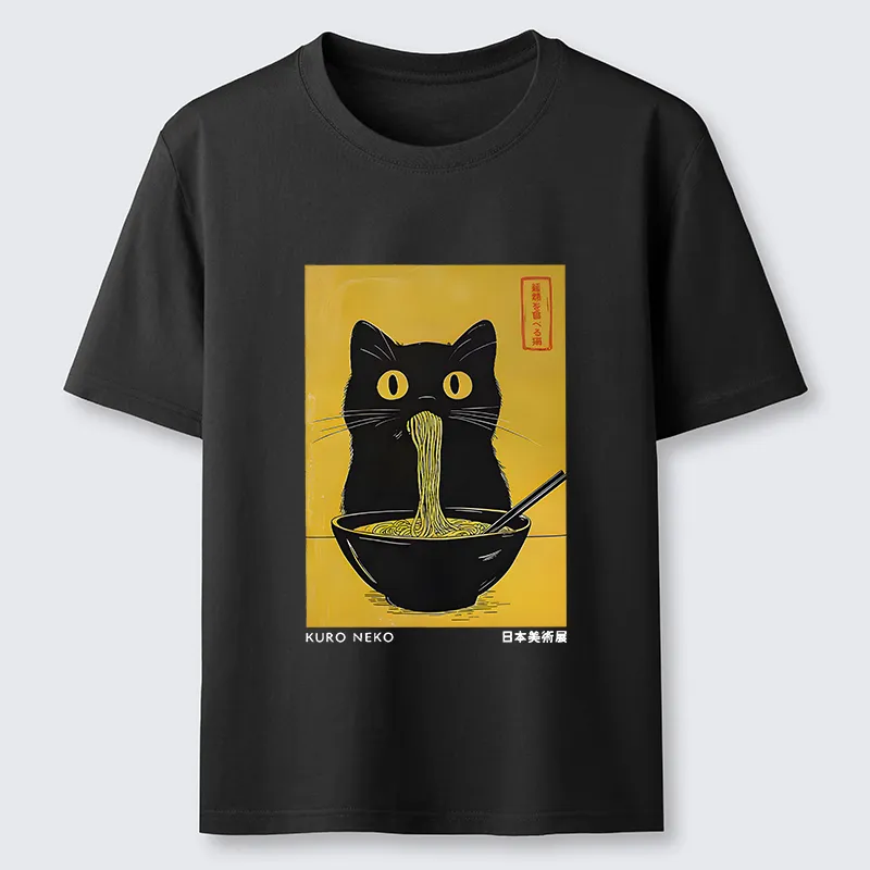 Magmoo Black Cat Eats Ramen In Big Bites Classic T-Shirt-Magmoo