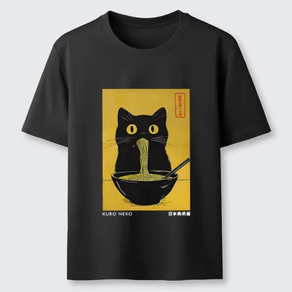 Magmoo Black Cat Eats Ramen In Big Bites Classic T-Shirt-Magmoo