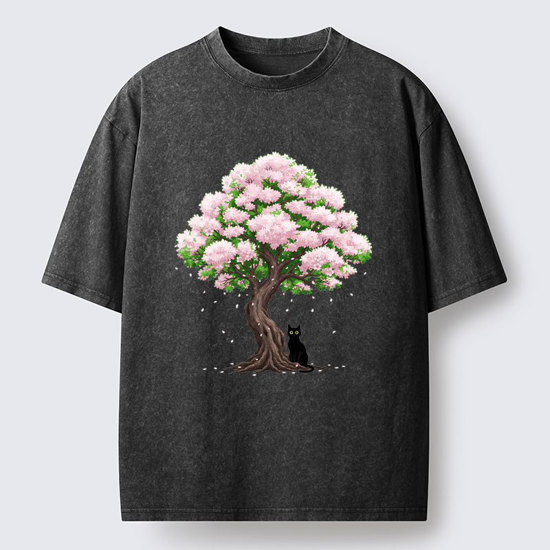 Magmoo Sakura And Cat Washed T-Shirt-Magmoo