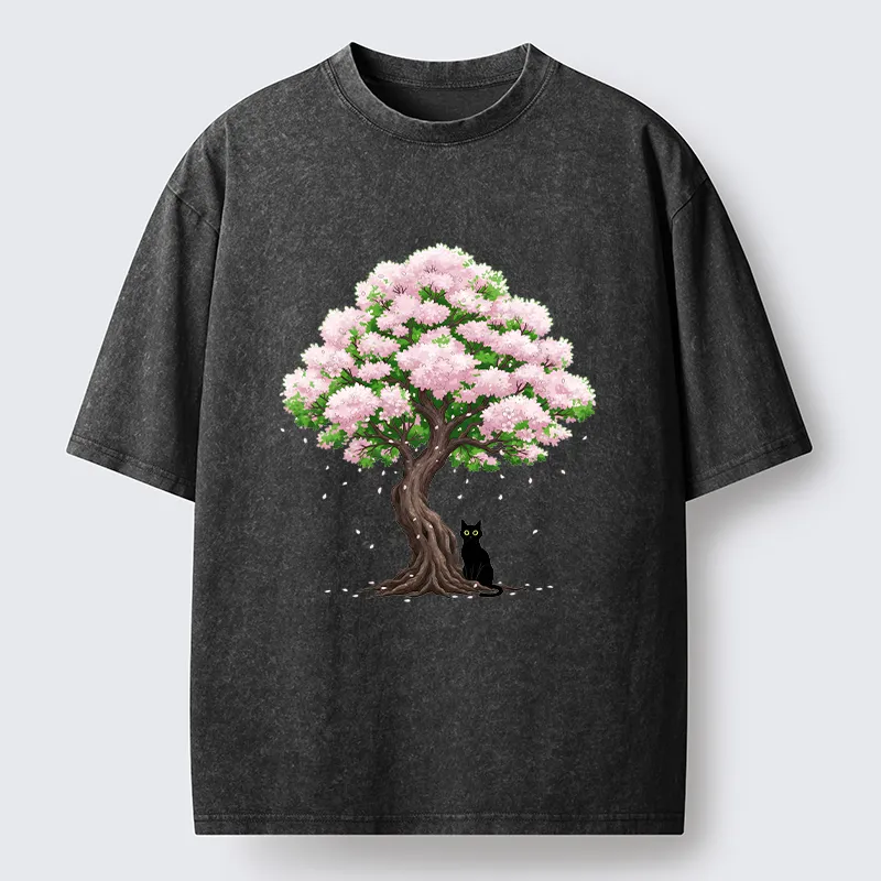 Magmoo Sakura And Cat Washed T-Shirt-Magmoo