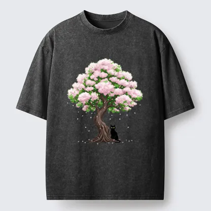 Magmoo Sakura And Cat Washed T-Shirt-Magmoo