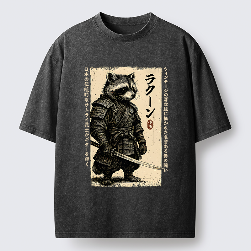 Magmoo Raccoon Japanese Samurai Washed T-Shirt