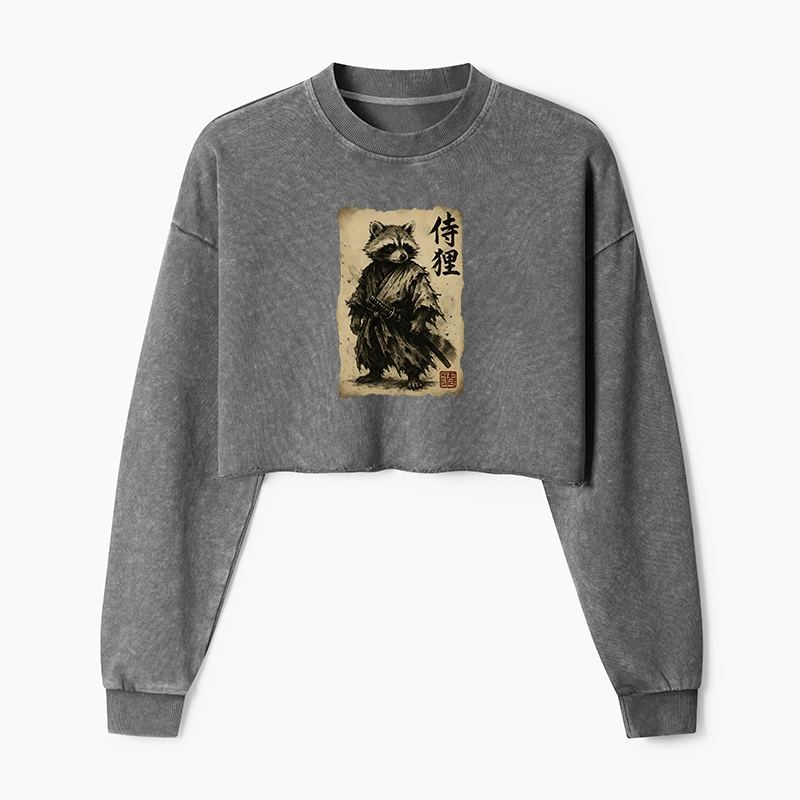 Magmoo Retro Raccoon Samurai  Washed Crop Sweatshirt