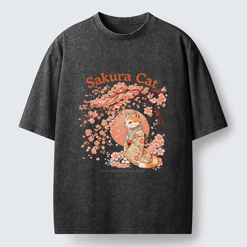 Magmoo Cat Under The Sakura Washed T-Shirt-Magmoo