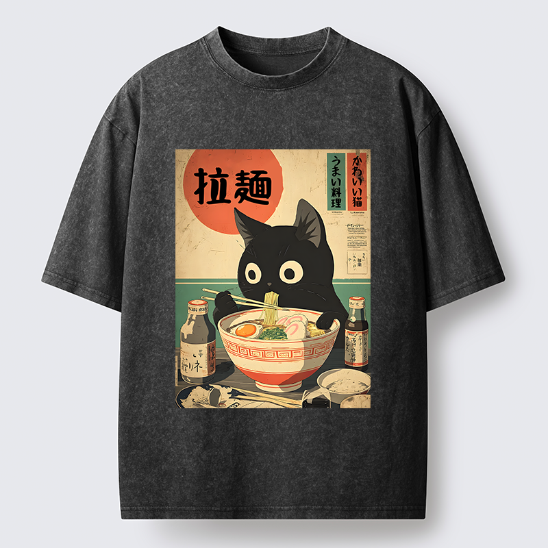 Magmoo Cat Is Eating Ramen At The Restaurant Washed T-Shirt-Magmoo