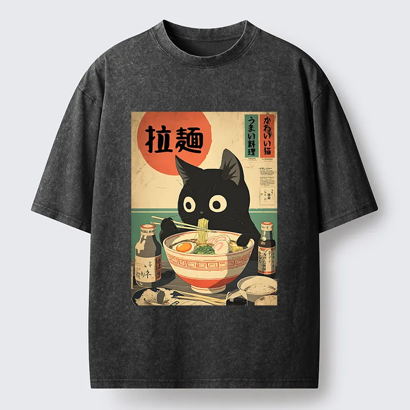 Magmoo Cat Is Eating Ramen At The Restaurant Washed T-Shirt-Magmoo