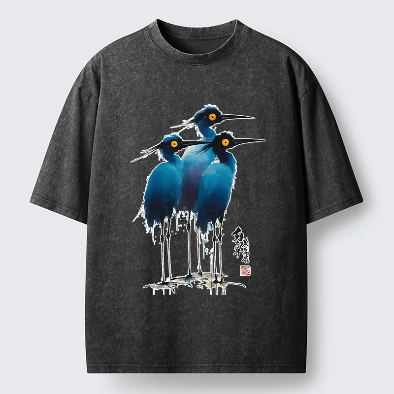 Magmoo Great Blue Heron Ink Painting Washed T-Shirt-Magmoo