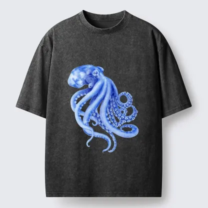 Magmoo Retro Blue Octopus Washed T-Shirt-Magmoo