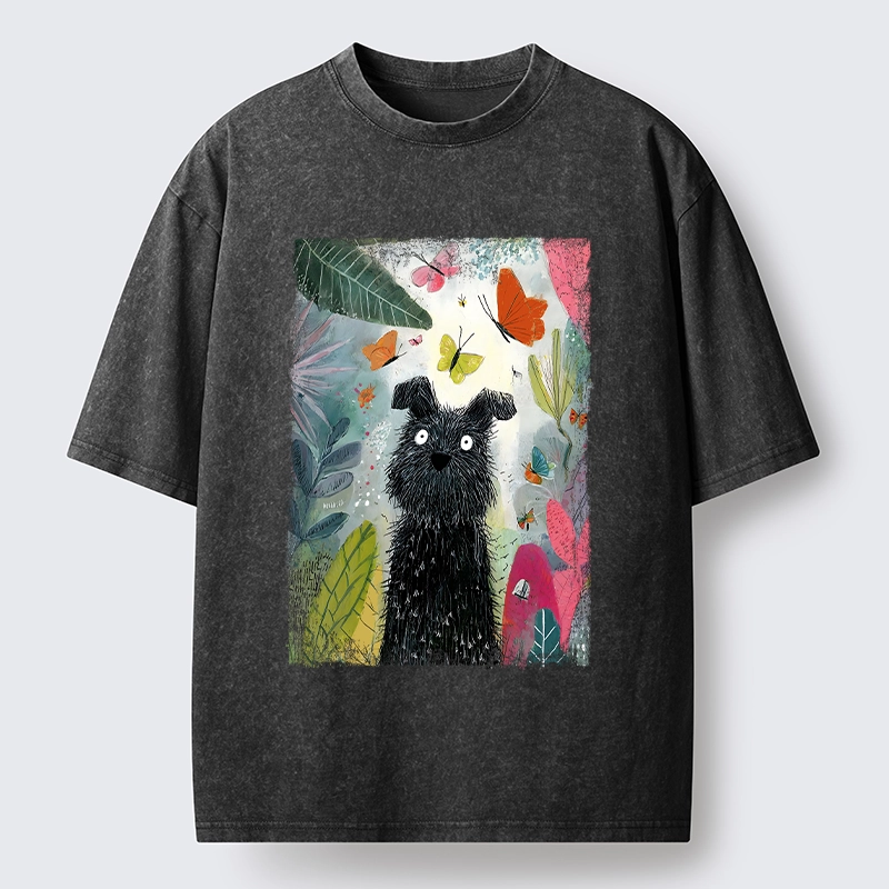Magmoo Black Dog Among Colorful Butterflies Washed T-Shirt-Magmoo