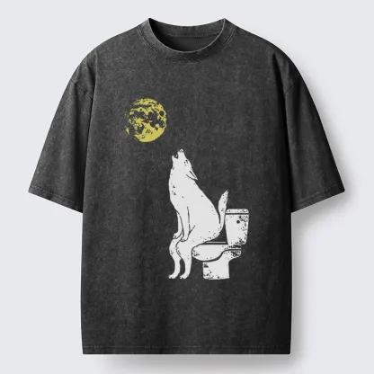 Magmoo Wolf Howling At Moon On Toilet Washed T-Shirt-Magmoo