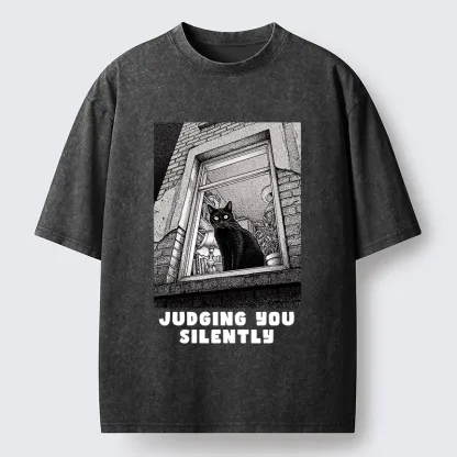 Magmoo The Judging Black Cat Washed T-Shirt-Magmoo