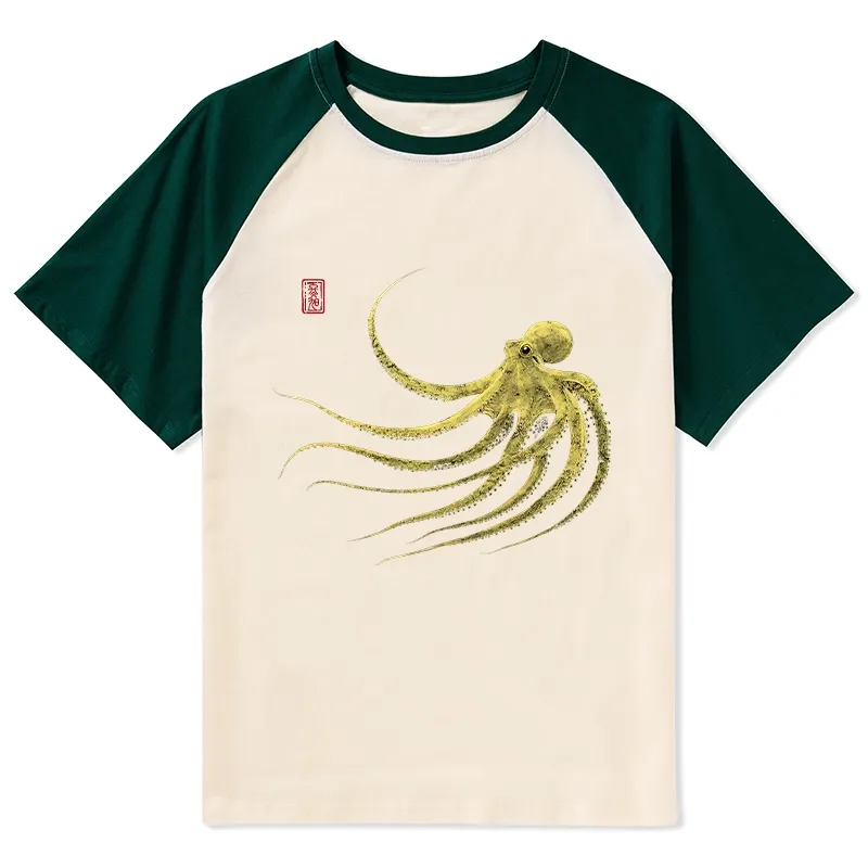 Magmoo Retro Octopus Japanese Raglan T-shirt