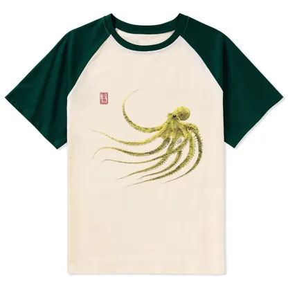 Magmoo Retro Octopus Japanese Raglan T-shirt