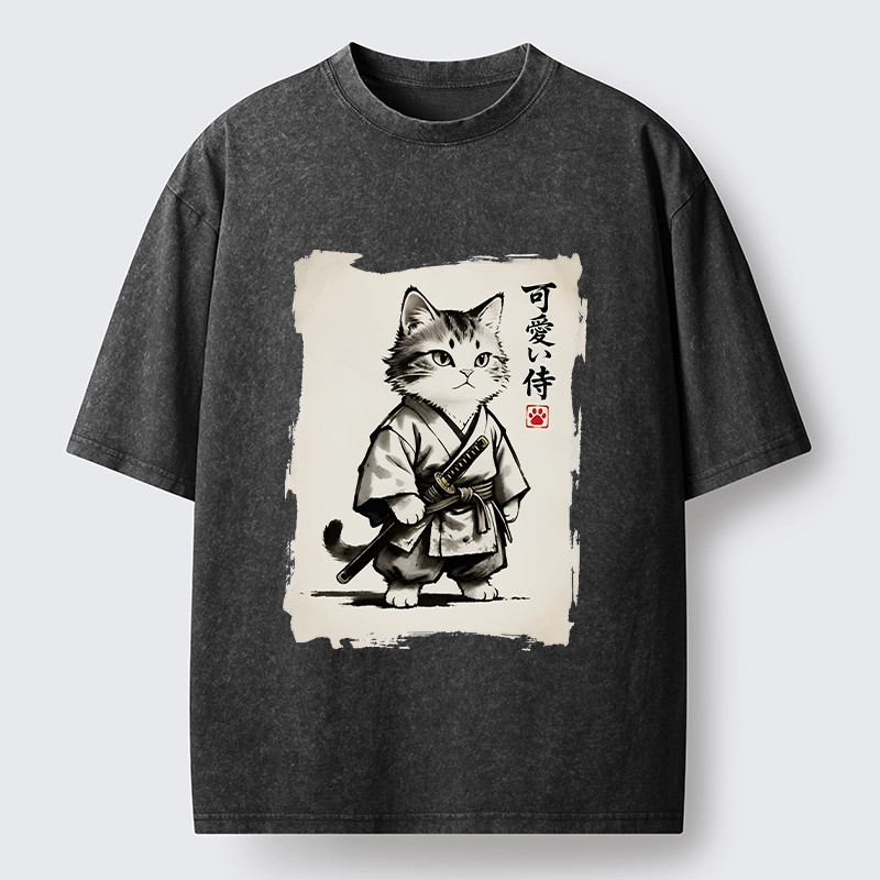 Magmoo Japanese Samurai Cat Illustration Washed T-Shirt
