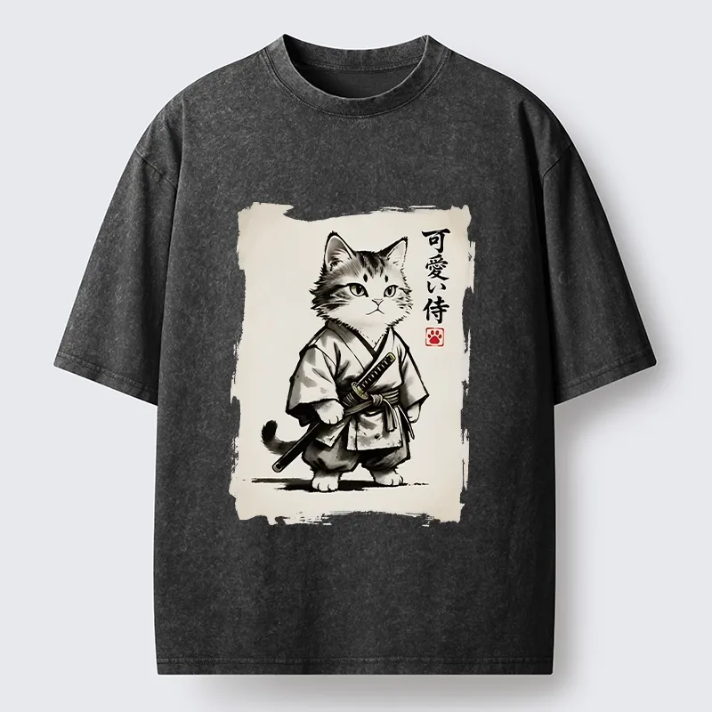 Magmoo Japanese Samurai Cat Illustration Washed T-Shirt