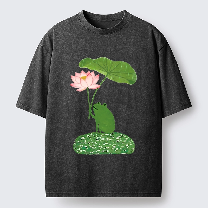 Magmoo Frog With Lotus Umbrella Meme Washed T-Shirt
