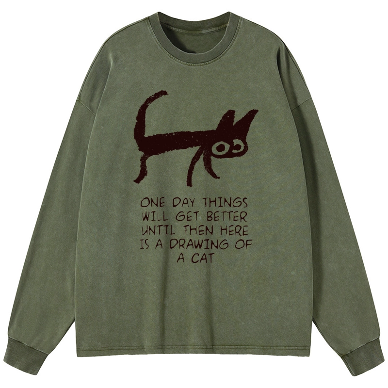 Magmoo Cat Cheer Up Drawing Washed Long Sleeve T-Shirt-Magmoo