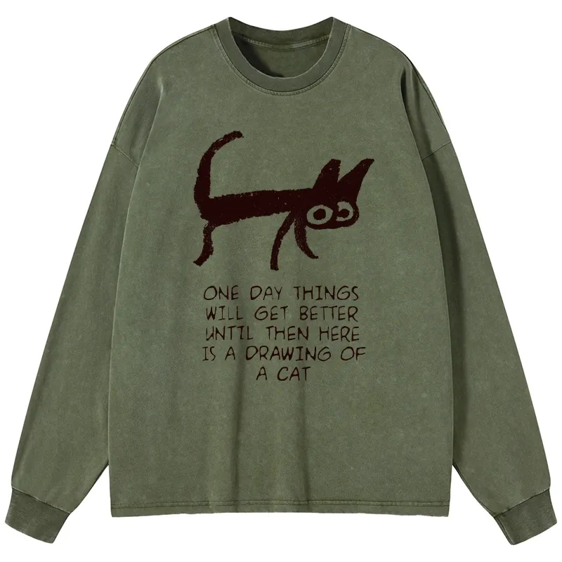 Magmoo Cat Cheer Up Drawing Washed Long Sleeve T-Shirt-Magmoo