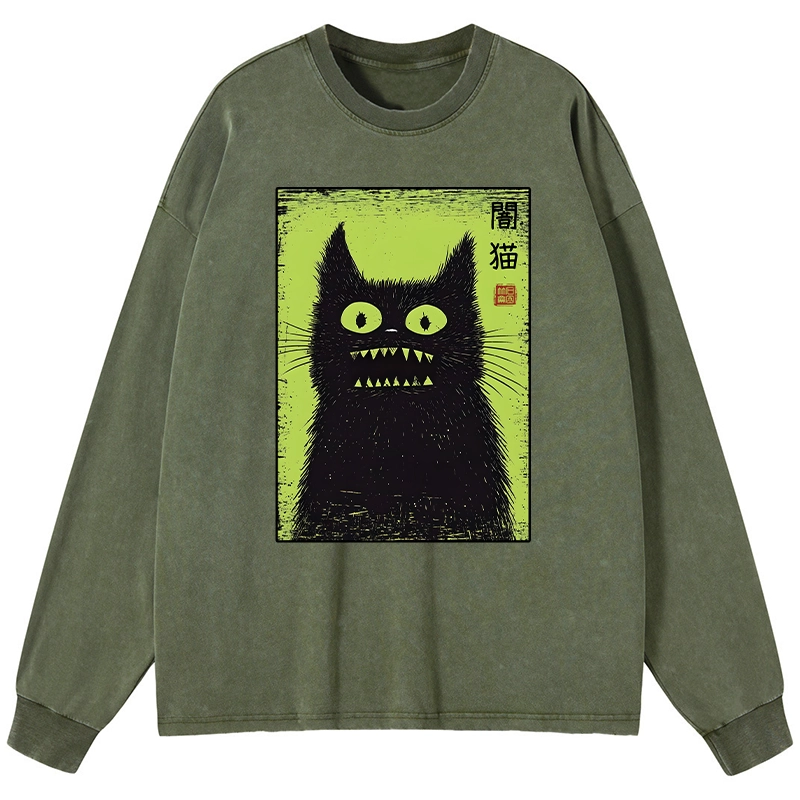 Magmoo Spooky Black Cat Japanese Washed Long Sleeve T-Shirt-Magmoo