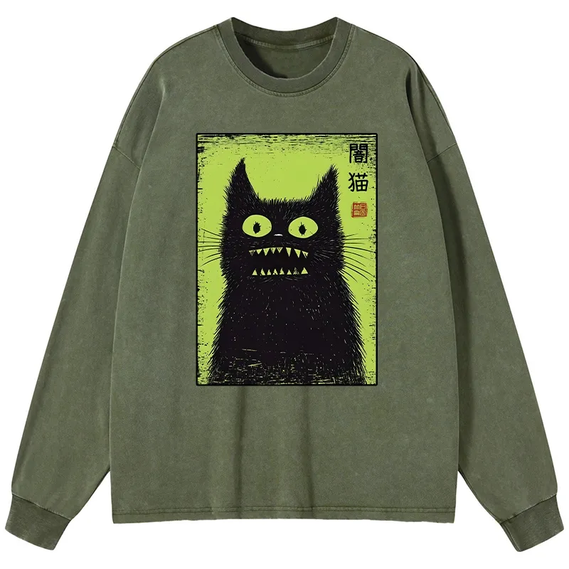 Magmoo Spooky Black Cat Japanese Washed Long Sleeve T-Shirt-Magmoo