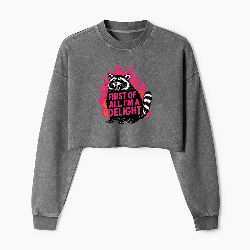 Magmoo Angry Raccoon Funny Washed Crop Sweatshirt