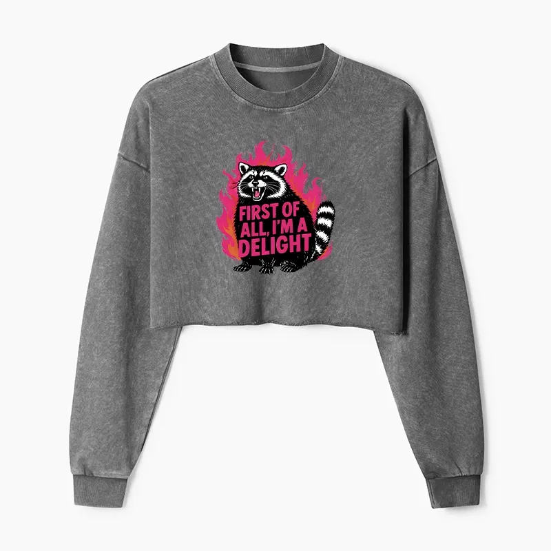 Magmoo Angry Raccoon Funny Washed Crop Sweatshirt