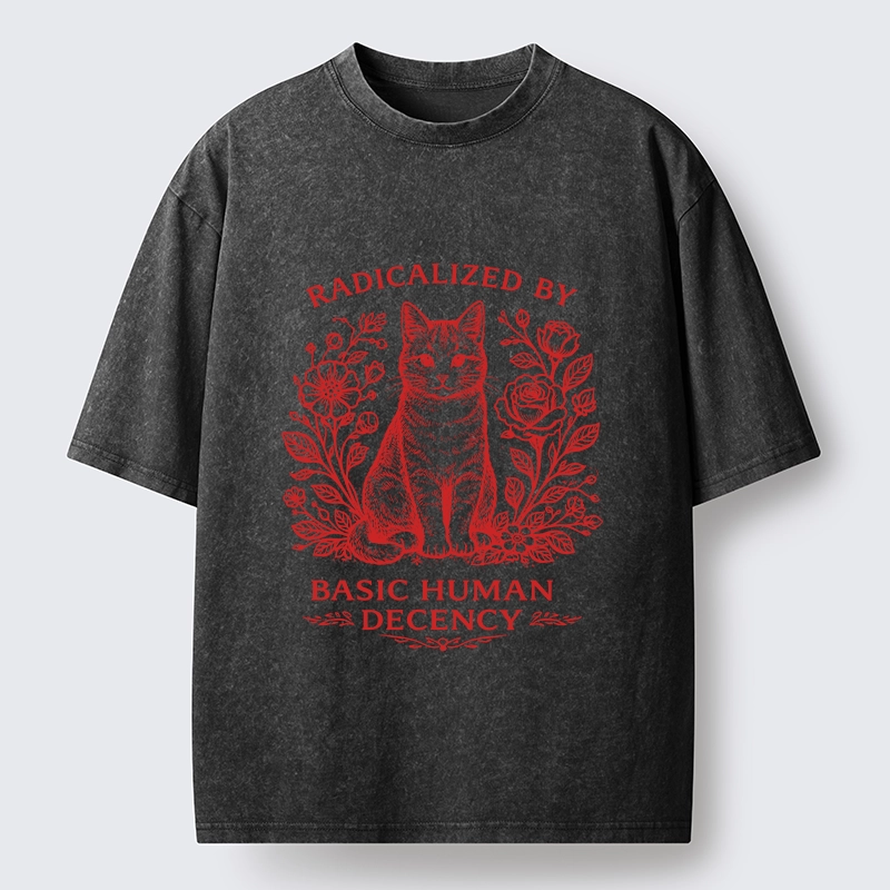 Magmoo Cat Roses Radical Human Decency Washed T-Shirt
