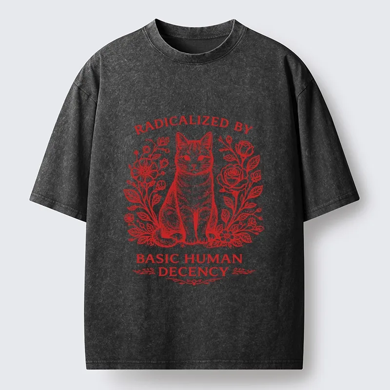 Magmoo Cat Roses Radical Human Decency Washed T-Shirt