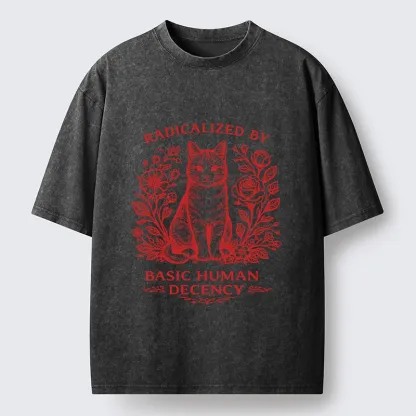 Magmoo Cat Roses Radical Human Decency Washed T-Shirt