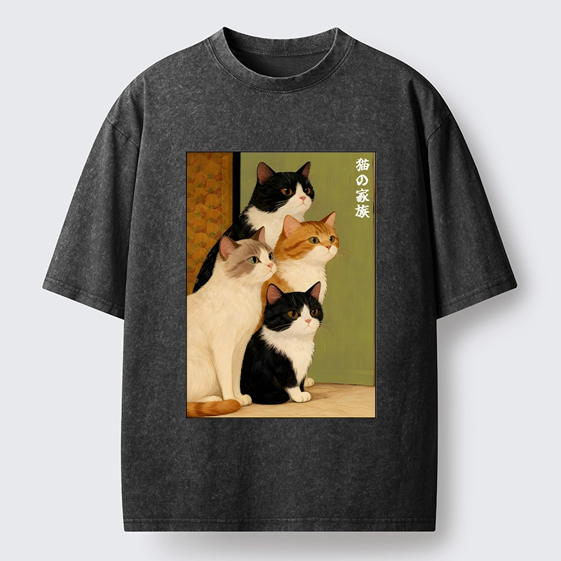 Magmoo Funny Japanese Cat Family Portrait Washed T-Shirt