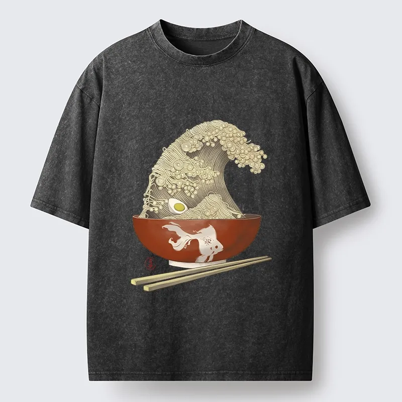 Magmoo Kanagawa Noodle Wave Food Art Washed T-Shirt