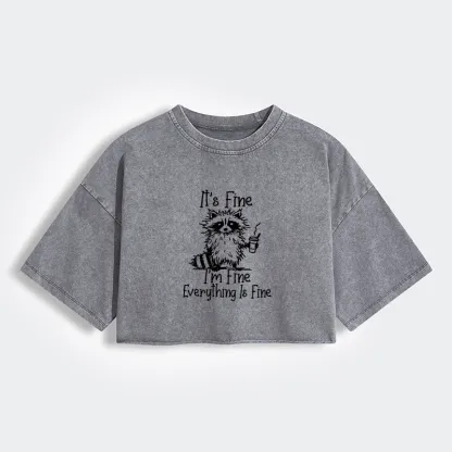 Magmoo Raccoon Fine Meme Women's Washed Crop T-Shirt