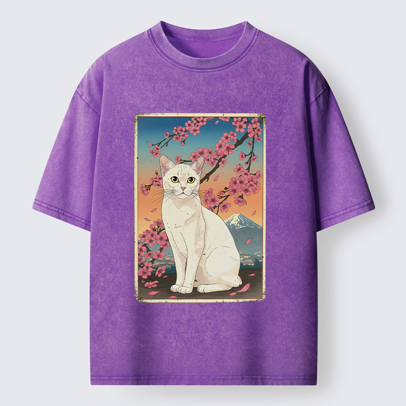 Magmoo Sakura Fuji And Cat Japanese Art Washed T-Shirt-Magmoo
