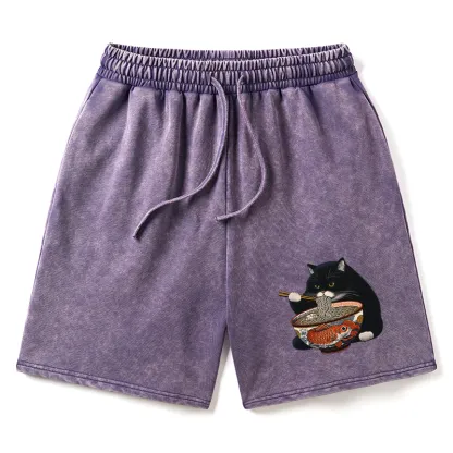Magmoo Fat Cat Eating Ramen Washed Shorts