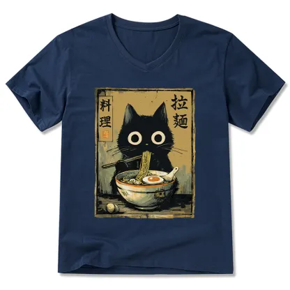Magmoo Cute Black Cat Eating Ramen Japan V-Neck Classic T-Shirt